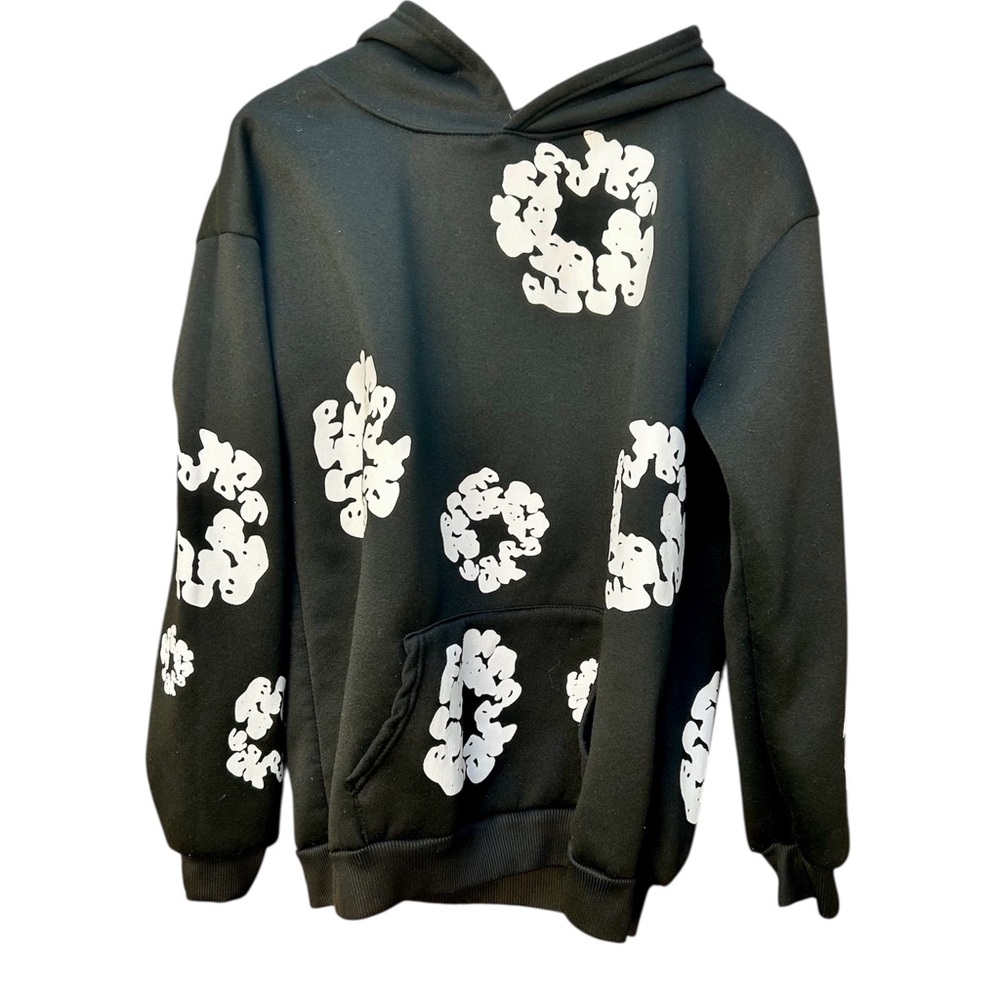 Flower Puff Black Graphic Hoodie Sweatshirt Sz. Large